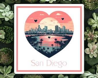 San Diego Skyline Sticker - Heart Shaped City Sunset Decal for Laptops, Journals, & More