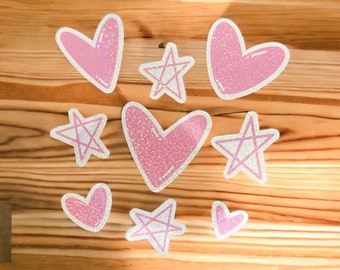 Sparkling Pastel Pink Heart & Star Stickers - Glittery Decals for Journals, Planners, Crafts, and Laptop