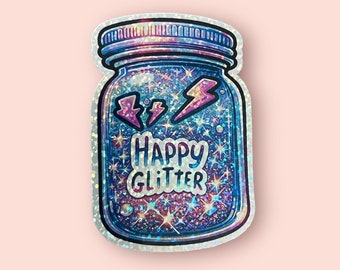 Sparkling Happy Glitter Mason Jar Sticker with Cosmic Stars and Lightning Bolts