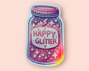 Happy Glitter Jar Sticker with Holographic Stars and Hearts