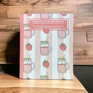 Strawberry Pastel Notebook | Cute Kawaii Journal | Wide Ruled | Aesthetic School Supplies | 120 Pages | 7.5 x 9.25 | Cute Diary Gift Idea