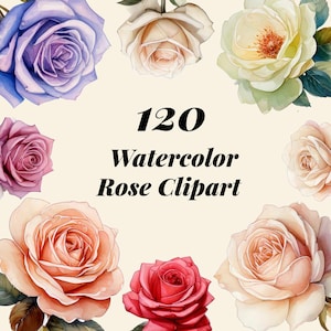 120 Watercolor Roses Clipart, Flowers Bundle, PNG Sublimation, Roses PNG, Roses SVG Bundle, Beautiful Roses Clipart