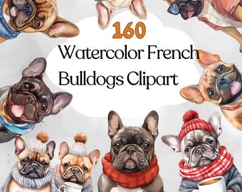 160 Watercolor French Bulldog Clipart, French Bulldog Bundle, PNG Sublimation, French Bulldog PNG, Bulldog SVG Bundle, Cute Frenchie Puppies