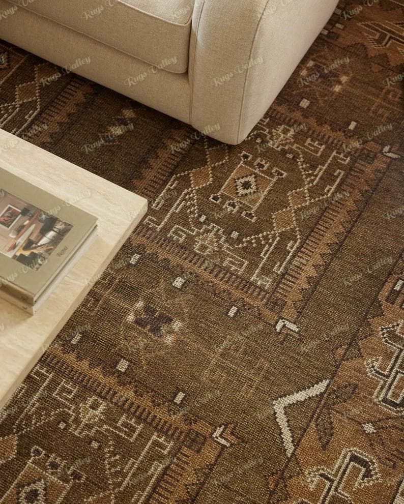 Vintage Tribal Wool Area Rug, Brown Green Geometric Handmade Carpet - Etsy