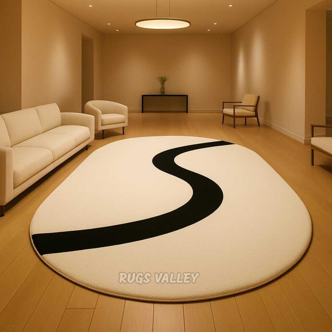 Modern Minimalist Curve Rug – Soft White Oval Carpet With Bold Black S ...