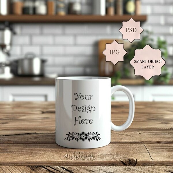 High-Quality White Mug Mockup - Perfect for Showcasing Custom Designs, Ideal for Etsy Sellers, Realistic Kitchen Setting Image