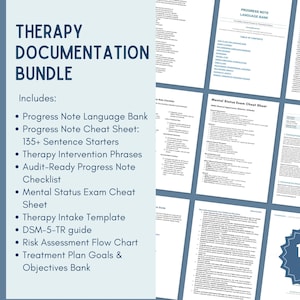 Könnte beinhalten: Ein Therapie-Dokumentationspaket mit einer Liste der enthaltenen Ressourcen, wie einer Sprachdatenbank für Verlaufsberichte, Spickzetteln, Interventionsphrasen, Checklisten für Audits, Aufnahmemasken, einem DSM-5-TR-Leitfaden und Flussdiagrammen.