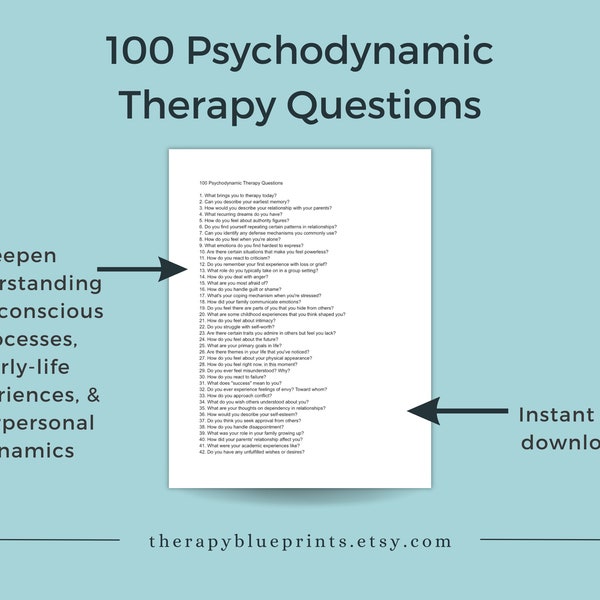 Psychodynamic Therapy Questions for Therapists and Counselors - Psychoanalysis Digital Download PDF - List of 100