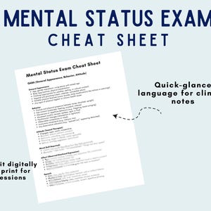 Mental Status Exam Cheat Sheet PDF for therapists. Digital download with quick-glance language for clinical notes. Includes categories such as appearance, behavior, attitude, mood, affect, thought process, and speech. Use it digitally or print for sessions. Ideal MSE template for therapy, counseling, mental health documentation, and progress notes.