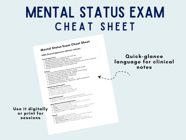 Mental Status Exam Cheat Sheet PDF for therapists. Digital download with quick-glance language for clinical notes. Includes categories such as appearance, behavior, attitude, mood, affect, thought process, and speech. Use it digitally or print for sessions. Ideal MSE template for therapy, counseling, mental health documentation, and progress notes.