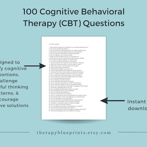 May include: A printable PDF download of 100 Cognitive Behavioural Therapy (CBT) questions designed to identify cognitive distortions, challenge unhelpful thinking patterns, and encourage proactive solutions.