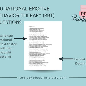 Könnte beinhalten: Ein druckbares PDF-Dokument mit 100 Fragen, um irrationale Überzeugungen in Frage zu stellen und gesündere Denkmuster zu fördern. Das Dokument trägt den Titel "100 Fragen der Rational-Emotive Verhaltenstherapie (REVT)".