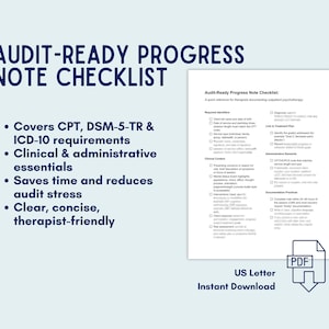 May include: A blue and white document titled "AUDIT-READY PROGRESS NOTE CHECKLIST" with bullet points listing key features. The document includes a checklist for therapists documenting inpatient psychotherapy. The bottom right corner shows a PDF icon.