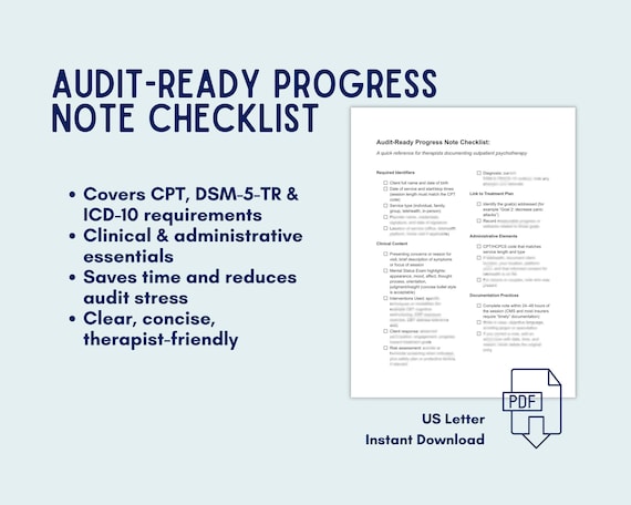 Audit-Ready Progress Note Checklist for Therapists | Outpatient Psychotherapy Documentation Guide | DSM-5-TR/ICD-10 Compliance