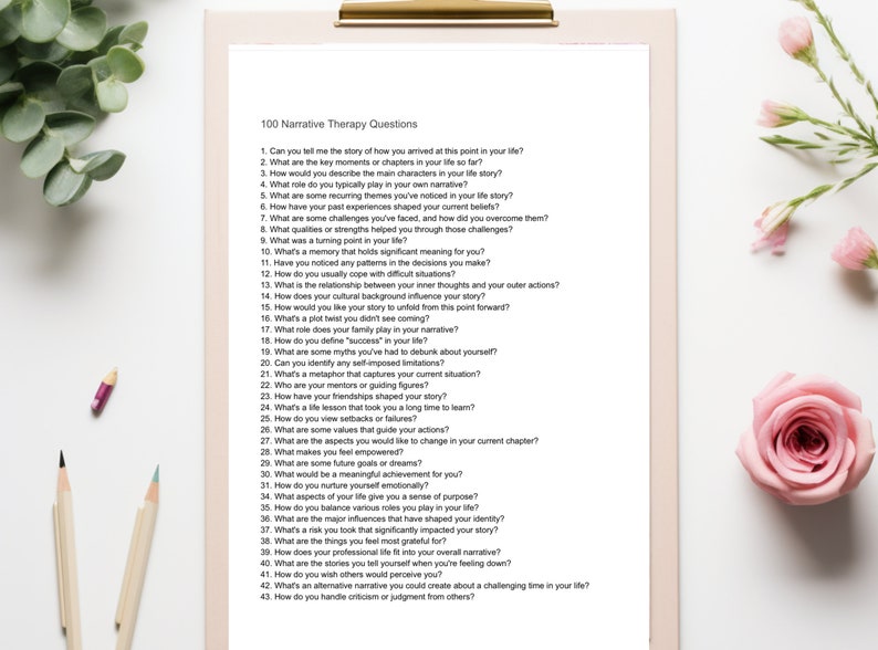 K&ouml;nnte beinhalten: Ein wei&szlig;es Blatt Papier mit 100 narrativen Therapiefragen, die in schwarzem Text gedruckt sind. Die Fragen sollen Menschen helfen, ihre Lebensgeschichten und Erfahrungen zu erforschen.