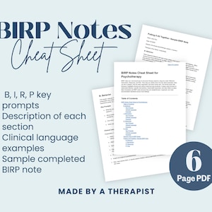 Könnte beinhalten: Hellblaues Bild mit dem Text "BIRP Notes Cheat Sheet" und Aufzählungspunkten, die Schlüsselaufforderungen, Abschnittsbeschreibungen, Beispiele für klinische Sprache und eine Beispielnotiz auflisten. Das Bild enthält auch eine Grafik "6 Page PDF".