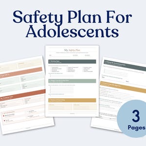 Könnte beinhalten: Dreiseitiger Sicherheitsplan für Jugendliche. Der Titel "Safety Plan For Adolescents" ist in dunkelblauer Schrift gehalten. Die Seiten sind weiß mit Abschnitten in Braun-, Grün- und Goldtönen. Ein hellblauer Kreis mit dem Text "3 Pages" befindet sich unten rechts.