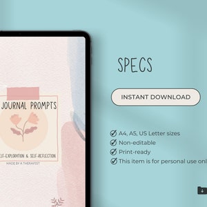 May include: A digital download of 99 journal prompts for self-exploration and self-reflection. The printable journal prompts are available in A4, A5, and US Letter sizes. The design features a pink and peach watercolour background with a floral illustration.