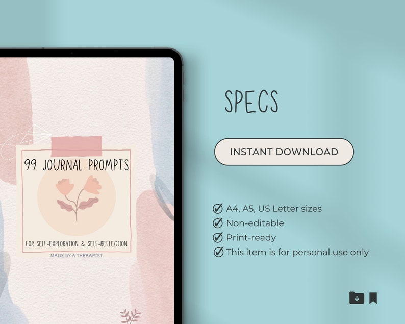 May include: A digital download of 99 journal prompts for self-exploration and self-reflection. The printable journal prompts are available in A4, A5, and US Letter sizes. The design features a pink and peach watercolour background with a floral illustration.