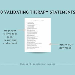 Könnte beinhalten: Eine weiße und blaue Grafik mit dem Text "100 Validating Therapy Statements" und "Help your clients feel seen, heard, and understood". Die Grafik enthält auch den Text "Instant PDF download" und die Website-Adresse "therapyblueprints.etsy.com".