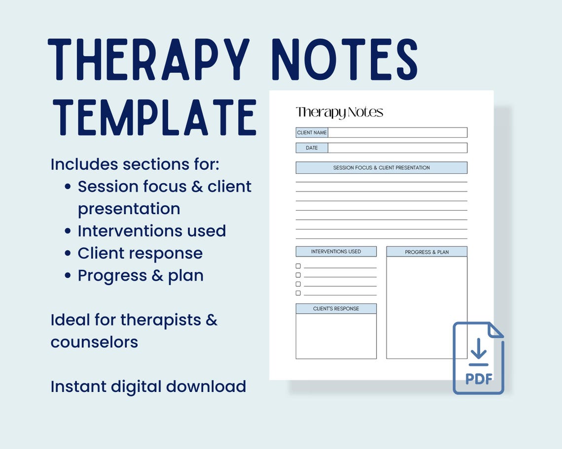 Printable Therapy Notes Template: Client Session Documentation (PDF ...