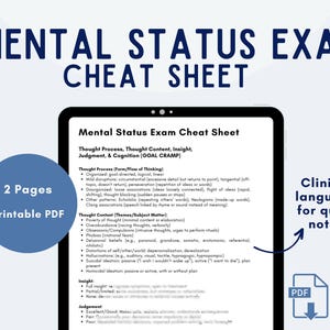 May include: A digital tablet displays a "Mental Status Exam Cheat Sheet" with clinical language for quick notes. The document covers thought processes, content, insight, judgment, and cognition. A blue circle indicates a 2-page printable PDF.