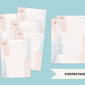 May include: Nine printable note pages with a light blue and pink watercolour background. Each page has a lined area for writing notes and a space for the date. The text "NOTES" is at the top of each page.