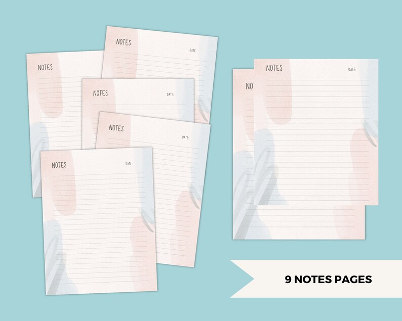 May include: Nine printable note pages with a light blue and pink watercolour background. Each page has a lined area for writing notes and a space for the date. The text "NOTES" is at the top of each page.