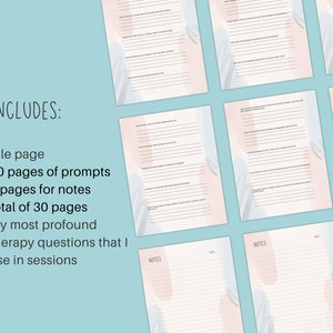 May include: A printable journal with a pink and blue watercolour design. The journal includes 20 pages of prompts, 9 pages for notes, and a total of 30 pages. The journal is designed to help people explore their thoughts and feelings.