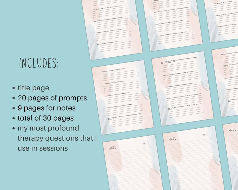 May include: A printable journal with a pink and blue watercolour design. The journal includes 20 pages of prompts, 9 pages for notes, and a total of 30 pages. The journal is designed to help people explore their thoughts and feelings.