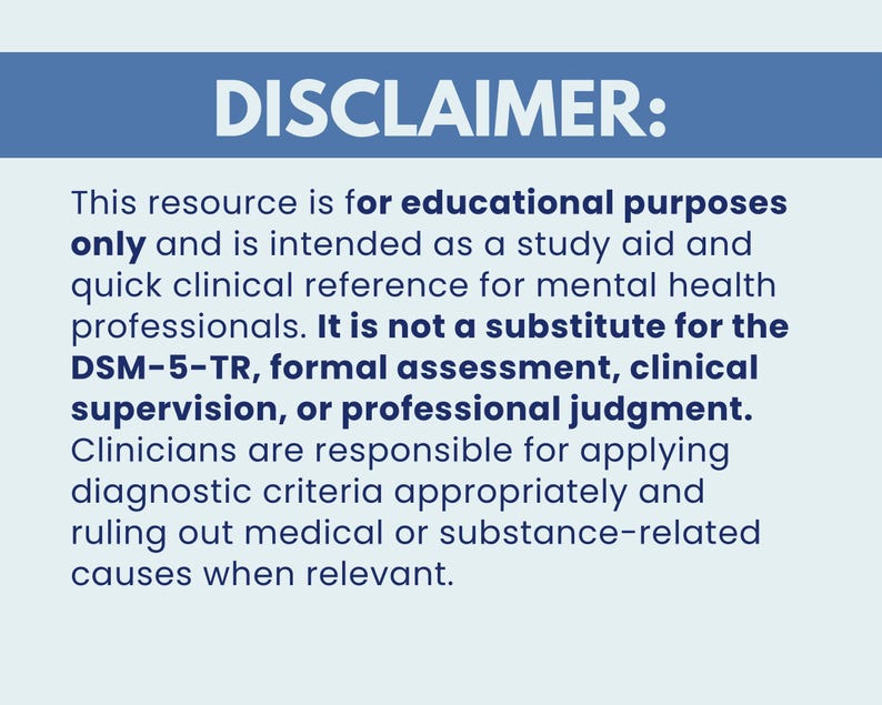 May include: A blue and white graphic with the word "DISCLAIMER:" at the top. The text below states the resource is for educational purposes only and is a study aid for mental health professionals.