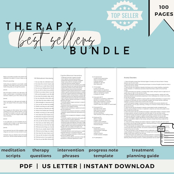 Therapy Bundle - Treatment Planning, Progress Notes, Interventions, Therapy Questions, Meditation Scripts - Bestsellers Worksheets