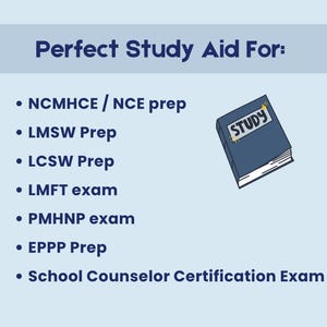 May include: A blue graphic with the text "Perfect Study Aid For:" followed by a list of exam prep topics. A small blue book with the word "STUDY" on the cover is in the upper right corner.