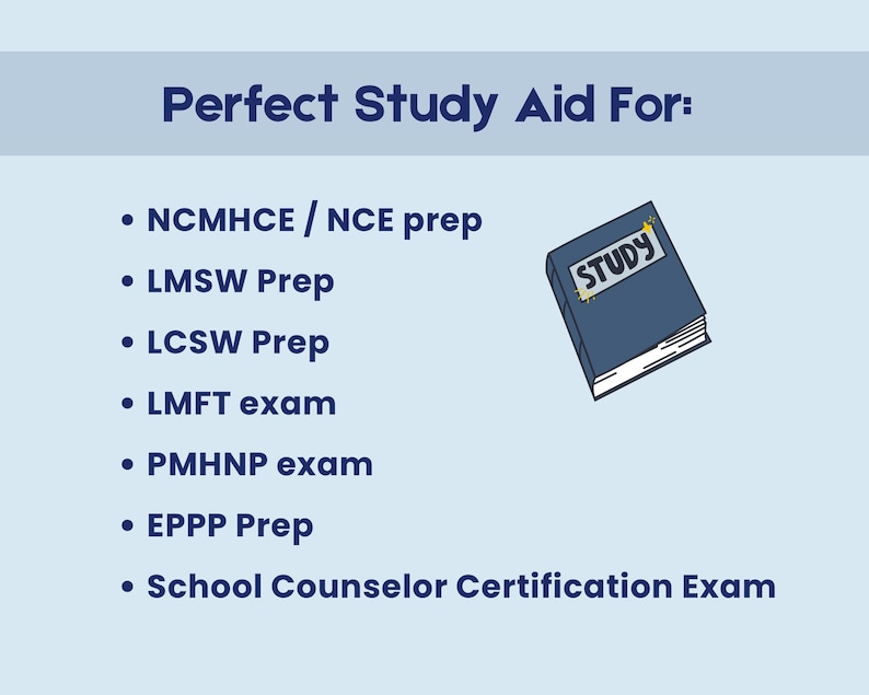 May include: A blue graphic with the text "Perfect Study Aid For:" followed by a list of exam prep topics. A small blue book with the word "STUDY" on the cover is in the upper right corner.