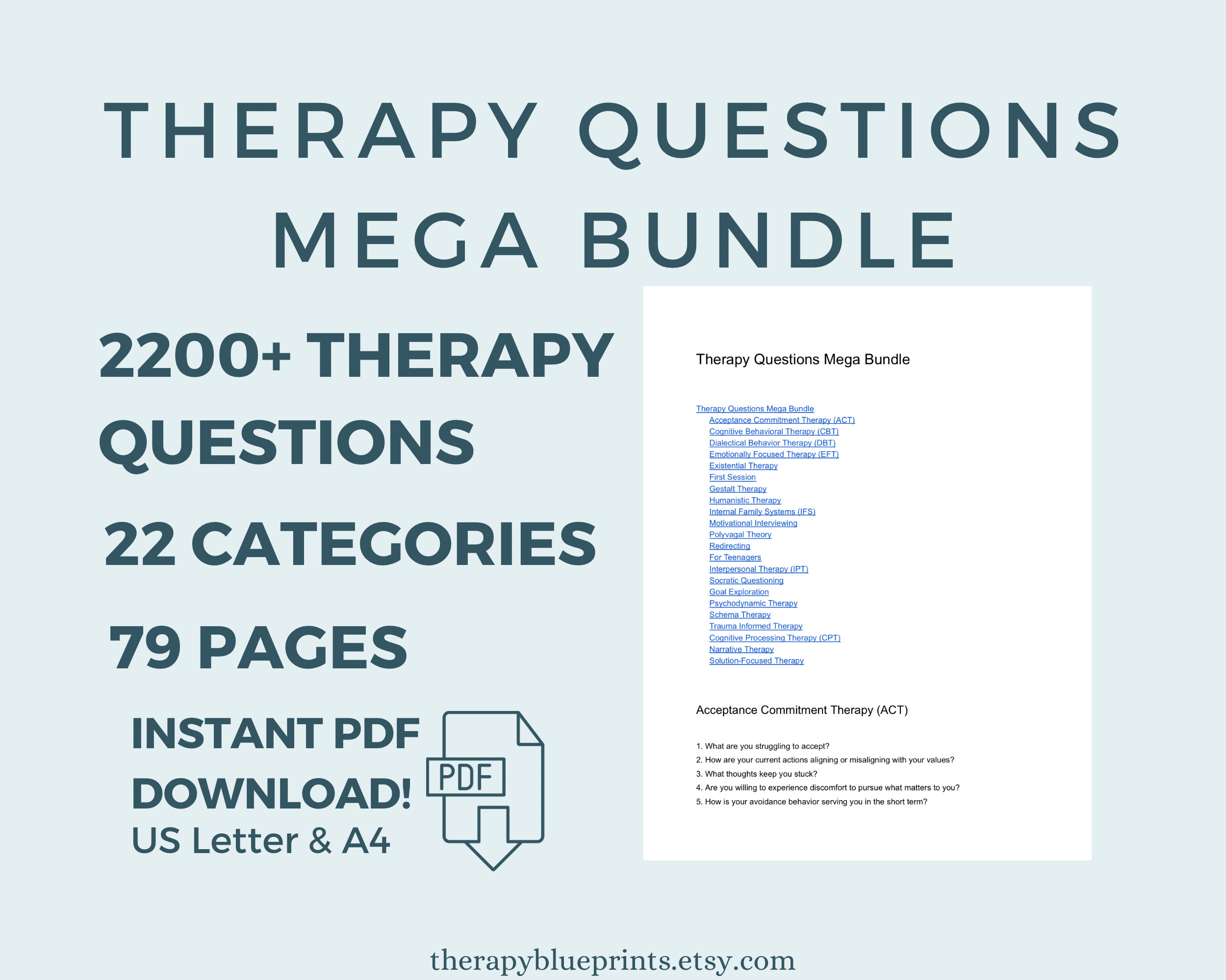 Therapy Questions Bundle - 2200+ Prompts & Conversation Starters For Therapy Sessions - CBT, Trauma-Informed, Motivational Interviewing