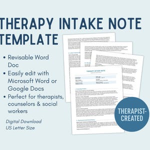May include: A digital download of a therapy intake note template. The document is labeled "Therapy Intake Note" and is designed for therapists, counselors, and social workers. The template is easily editable with Microsoft Word or Google Docs and is US Letter size.