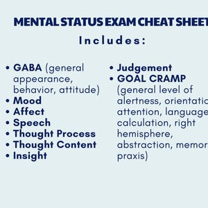 GABA (general appearance, behavior, attitude)
Mood
Affect
Speech
Thought Process
Thought Content
Insight, Judgement
GOAL CRAMP (general level of alertness, orientation, attention, language, calculation, right hemisphere, abstraction, memory, praxis)