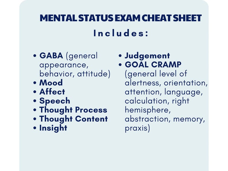 GABA (general appearance, behavior, attitude)
Mood
Affect
Speech
Thought Process
Thought Content
Insight, Judgement
GOAL CRAMP (general level of alertness, orientation, attention, language, calculation, right hemisphere, abstraction, memory, praxis)