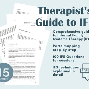 May include: A teal blue and white graphic with the text "Therapist's Guide to IFS" and a description of the guide's contents, including a step-by-step guide to parts mapping, 100 IFS questions for sessions, and IFS techniques explained in detail. The guide is available as a PDF download.