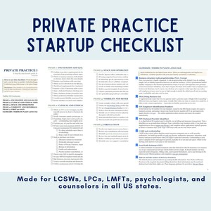 Könnte beinhalten: Ein weißes Dokument mit dem Titel Private Practice Startup Checklist in dunkelblauer Schrift. Es enthält Abschnitte zu Grundlagen und Recht, Klinik und Ethik, Raum und Betrieb, Sichtbarkeit und Empfehlungen, die ersten 90 Tage sowie ein Glossar für Fachkräfte.