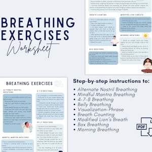Puede incluir: Una hoja de trabajo imprimible con instrucciones paso a paso para diferentes ejercicios de respiración, incluyendo la respiración alterna de las fosas nasales, la respiración de mantra consciente, la respiración 4-7-8, la respiración abdominal, la visualización-frase, el conteo de la respiración, la respiración de león modificada, la respiración en caja y la respiración matutina. La hoja de trabajo presenta ilustraciones de personas realizando cada ejercicio.