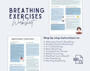 May include: A printable worksheet with step-by-step instructions for different breathing exercises, including alternate nostril breathing, mindful mantra breathing, 4-7-8 breathing, belly breathing, visualization-phrase, breath counting, modified lion's breath, box breathing, and morning breathing. The worksheet features illustrations of people performing each exercise.