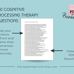 Puede incluir: Un documento PDF imprimible con 100 preguntas de terapia de procesamiento cognitivo para ayudar a los clientes a confrontar y replantear sus experiencias de manera más efectiva. El documento se titula "100 preguntas de terapia de procesamiento cognitivo (CPT)".