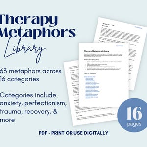 Puede incluir: Un documento digital titulado "Therapy Metaphors Library" con texto que dice "63 metáforas en 16 categorías". Las categorías incluyen ansiedad, perfeccionismo, trauma, recuperación y más. El documento está disponible en PDF para imprimir o usar digitalmente.
