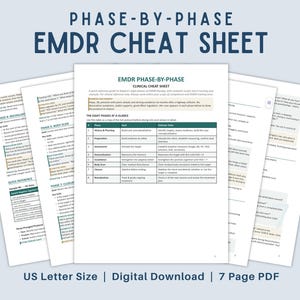 May include: A seven-page EMDR cheat sheet document titled Phase-By-Phase EMDR Cheat Sheet. The pages feature clinical tables, text, and bulleted lists outlining the eight phases of EMDR therapy, including history, preparation, and assessment.
