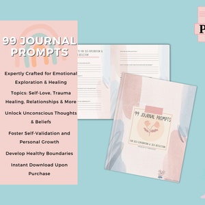 May include: A pink and blue journal cover with the text "99 Journal Prompts" and the words "For Self-Exploration & Self-Reflection" in a smaller font. The cover features a watercolour-style design with abstract shapes and a small flower illustration.