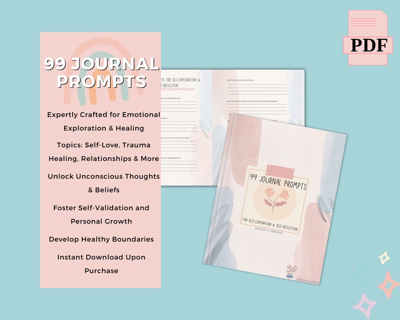 May include: A pink and blue journal cover with the text "99 Journal Prompts" and the words "For Self-Exploration & Self-Reflection" in a smaller font. The cover features a watercolour-style design with abstract shapes and a small flower illustration.