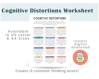 Cognitive Distortions Worksheet PDF - CBT Therapy Guide - Thinking Errors - Reframe Automatic Negative Thoughts