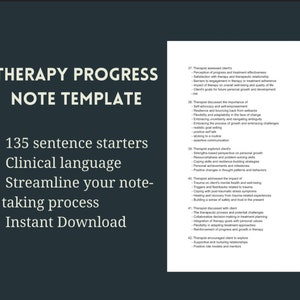 May include: A white and black graphic with the text "Therapy Progress Note Template" and bullet points listing the features of the template: 135 sentence starters, clinical language, streamline your note-taking process, and instant download.