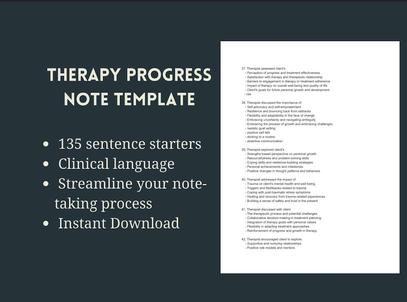 May include: A white and black graphic with the text "Therapy Progress Note Template" and bullet points listing the features of the template: 135 sentence starters, clinical language, streamline your note-taking process, and instant download.